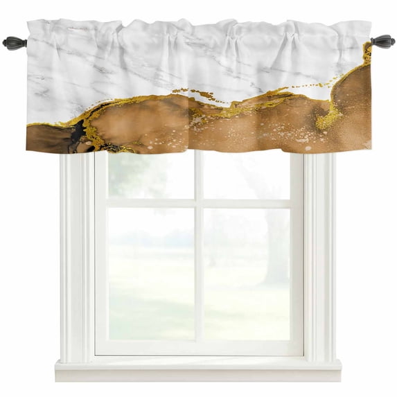 Brown Gold Marble Farmhouse Short Window Curtain Valances, Modern Abstract Marble Crack Texture Rod Pocket Kitchen Valances for Living Room Bedroom Bathroom Cafe 42" x 12"