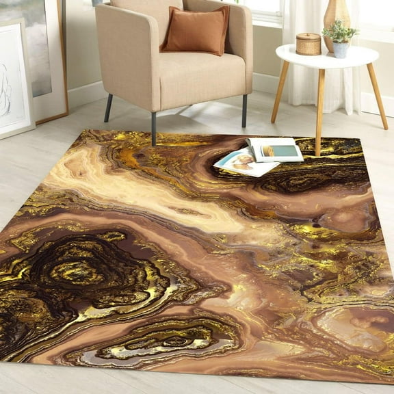 Brown Gold Modern Marble Abstract Area Rug For Living Room Bedroom Dining Room Home Office Floor Deco Carpet Washable Non Slip Kitchen Mat 1x2ft
