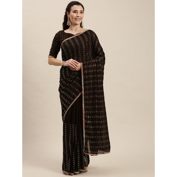 Brown & Gold-Toned Beads and Stones Embellished Art Silk Saree - 16784330