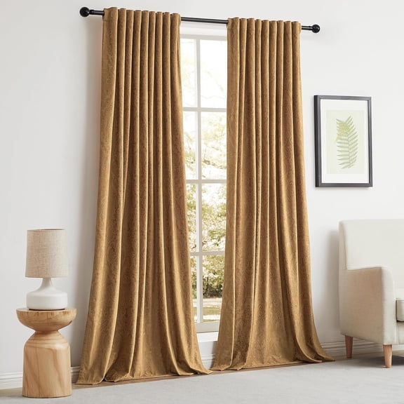 Brown Gold Velvet Curtains 84 Inch for Living Room,2 Panels Luxury Vintage Drapes Floral Embossed Blackout Window Curtain Back Tab Thermal for Bedroom