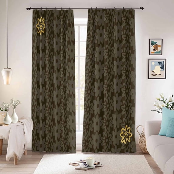 Brown Golden Floral Blackout Curtains for Bedroom/Living Room, Pinch Pleated Black Out Curtains, Modern Abstract Art Spring Flowers Room Darkening Window Drapes with Hooks 2 Panels, 59"x70"