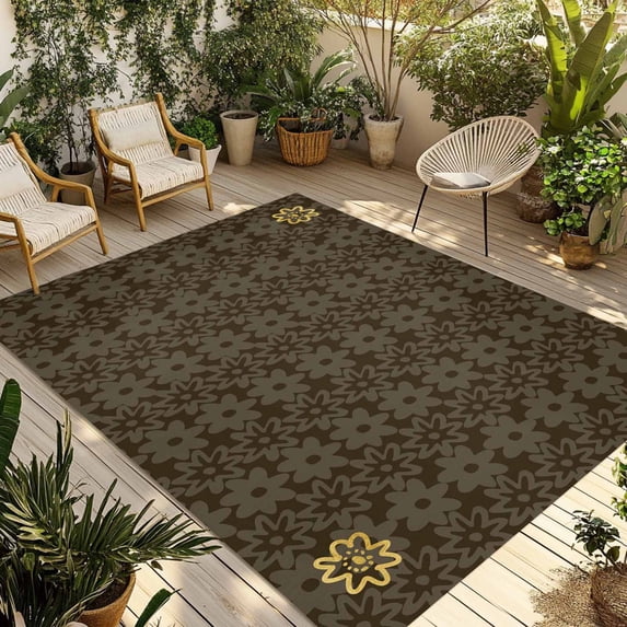 Brown Golden Floral Outdoor Rug for Patio/Deck/Porch, Non-Slip Large Area Rug 5 x 8 Ft, Modern Abstract Art Spring Flowers Indoor Outdoor Rugs Washable Area Rugs, Reversible Camping Rug Carpet Runner