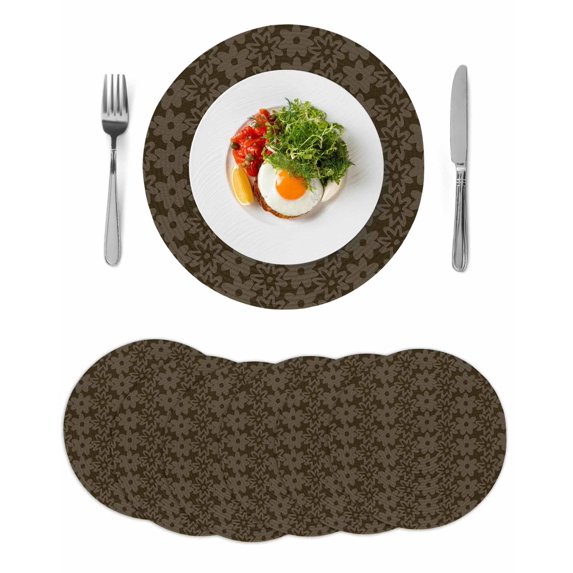 Brown Golden Floral Round 13 Inch Placemats Set of 6, Modern Abstract Art Spring Flowers HeatResistant Non Slip Place Mats for Dining Table, Wipeable Braided Kitchen Table Mats for Housewarming