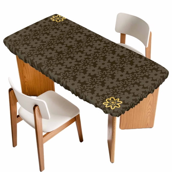 Brown Golden Floral Table Cloths for 4 Foot Rectangle Tables, Modern Abstract Art Spring Flowers Patio Waterproof Elastic Fitted Tablecloths, Washable Rectangular Table Cover for Camping