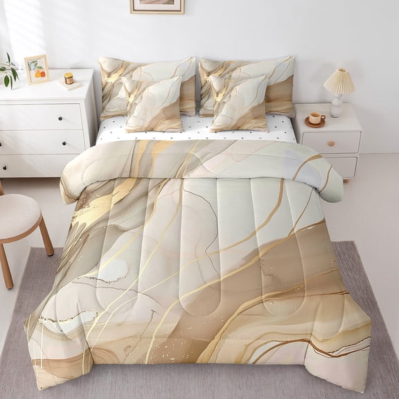 Brown Golden Marble Bed In A Bag Abstract Marble Texture Full Comforter Set 7 Piece Gold Fluid Marble Grain Bedding Set For Men Women,Watercolor Marble Art Sheet Set With Comforter