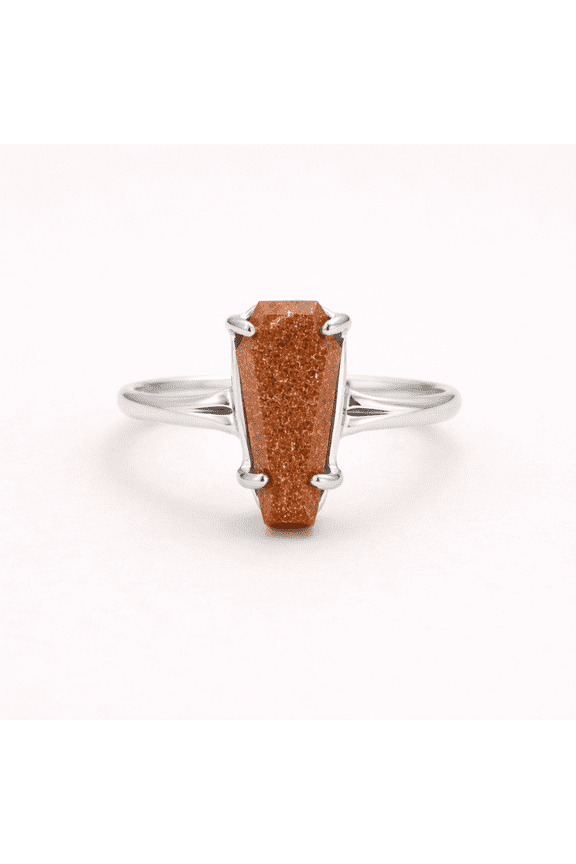 Brown Goldstone Coffin Ring in Sterling Silver, Cabochon Gemstone Prong Set Ring, Celestial Sparkle Statement Jewelry