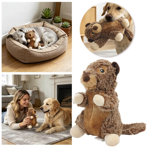 Brown GopherShaped Plush Dog Chew Toy BuiltIn Squeaker Teething Accessory Interactive Molar Training Enrichment Tool Durable Soft Play Gadget For Small Medium Dogs