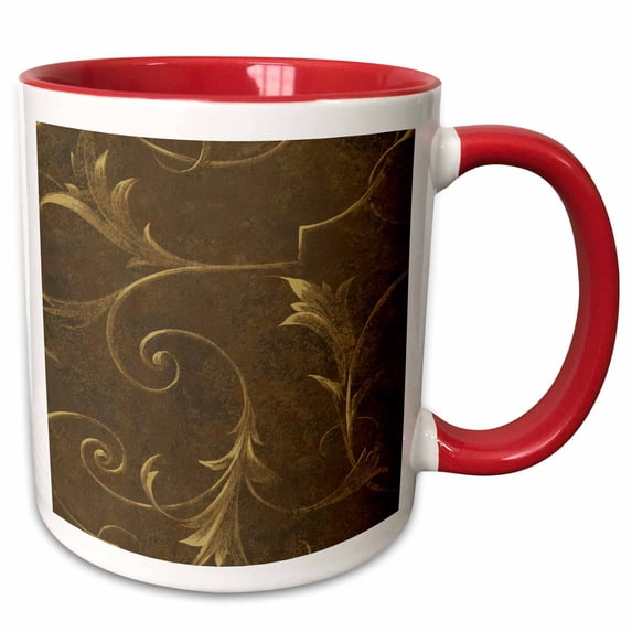 3drose, Brown Gradient Background with Golden Vine Accents, 11oz Two-tone Red Mug