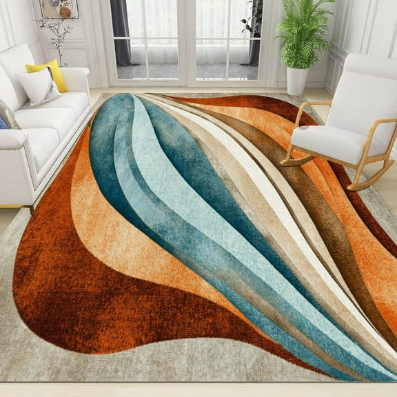 Brown Gradient Blue Abstract Pattern Area Rug Retro Distressed Design Living Room Rug Soft Low Pile Non-Slip Washable Bedroom Carpet for Kitchen Dining Room Balcony Office 2x3ft