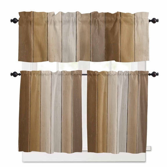Brown Gradient Kitchen Curtains Valances and Tiers Set of 3, 24 Inch Length Tier Curtains and Valance Rod Pocket Valance Curtains Set for Kitchen Bathroom Small Windows