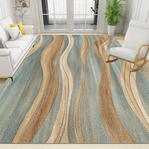 Brown Gradient Lines Area Rugs Green Simple Design Washable Indoor Large Rugs for Living Room Bedroom Foldable Anti-Slip Area Rug Soft Low Pile Indoor Carpet Large Area Rug 2x3ft