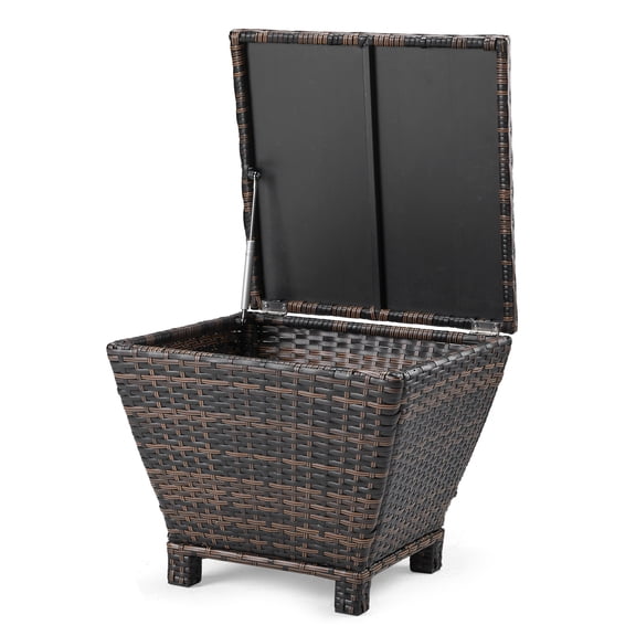 Brown Gradient Outdoor PE Rattan Storage Side Table 13 Gallon Weather Resistant Patio End Table With Pneumatic Lid Sturdy Iron Frame Garden Deck Accent Table