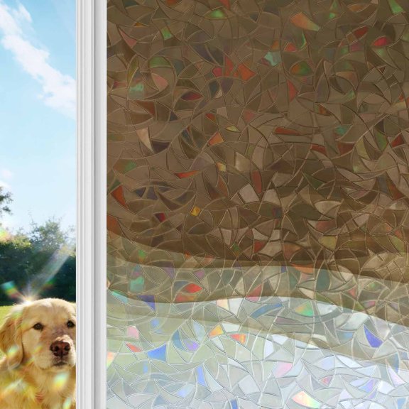 Brown Gradient Rainbow Window Privacy Film, Watercolor Abstract Brown Gradient Water Ripples Stained Glass Window Film, Sun Blocking Static Cling Non Adhesive Door Stickers 19.6 x 39.3 Inches