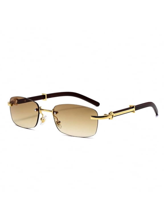 Brown Gradient Tint Vintage Woodgrain Rimless Men Women Gold Frame Rectangle Sun Glasses Vintage Woodgrain Square Shades 90s Retro Unisex Hip Hop Frameless Stylish Designer Wood Arm Sunglasses