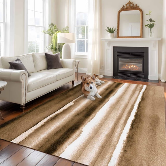 Brown Gradients Large Area Rugs 5x8 ft Abstract Wave Stripe White Watercolors Art Washable Rug Non Slip Indoor Carpet Absorbent Floor Mat for Living Room Bedroom Dining Room
