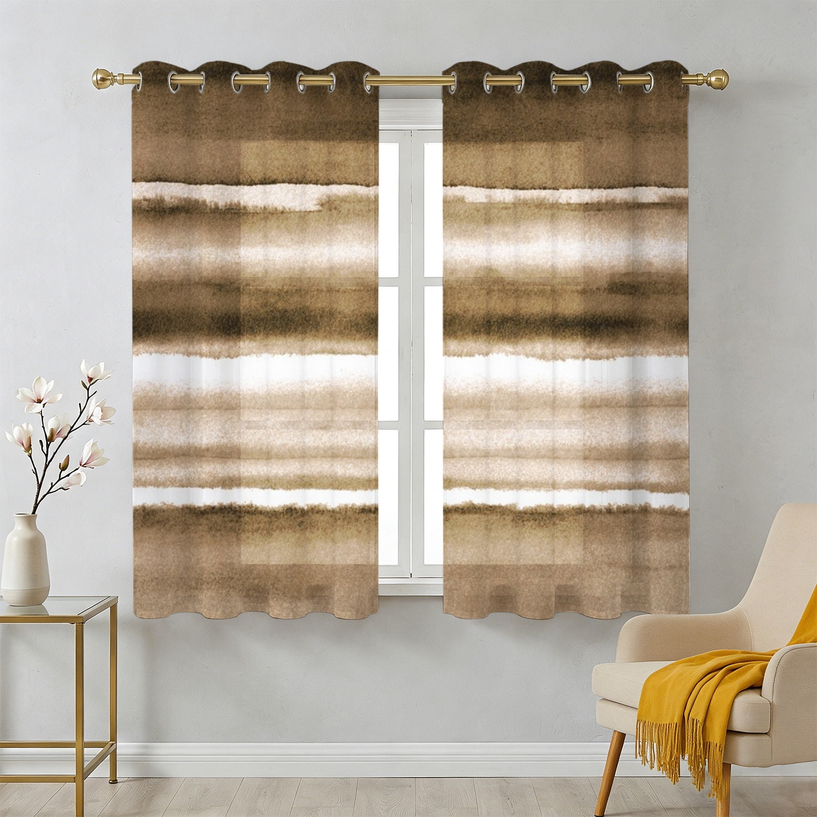Brown Gradients Sheer Curtains 39 Inch Long 2 Panels, Abstract Wave ...