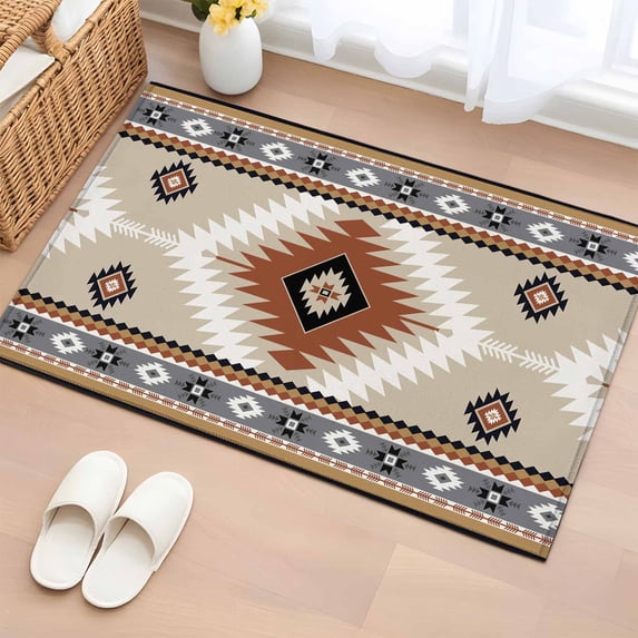Brown Gray Boho Bathroom Mats 2x3 FT,Non Slip Small Kitchen Mat,Southwestern Ethnic Abstract Geometric Washable Soft Backed Front Door Throw Rugs Non-Shedding Indoor Outdoor Doormat for Entryway Sink