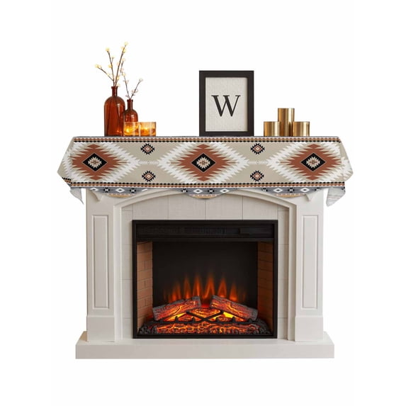 Brown Gray Boho Fireplace Mantel Scarf Cover 60"Wx17"L,Fireplace Mantel Shelf Top Runner,Southwestern Ethnic Abstract Geometric Mantle Dresser Scarves Table Runner for Holiday Party Living Room Decor