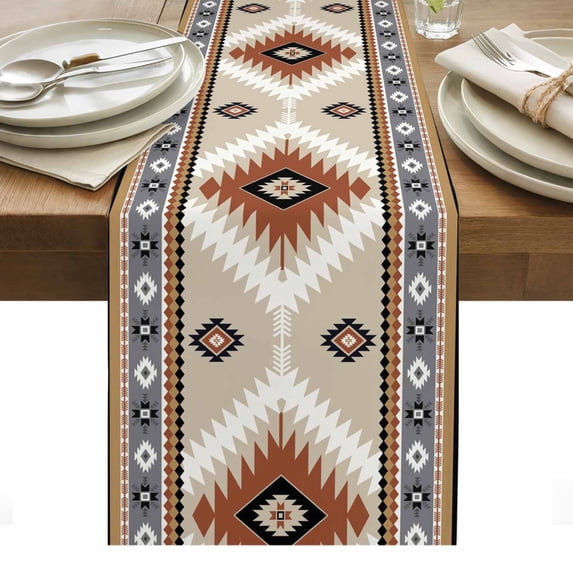 Brown Gray Boho Table Runner - 108 Inch Long, Kitchen Dining Table Runner Dresser Scarves, Southwestern Ethnic Abstract Geometric Farmhouse Decor for Coffee Tables Wedding Party Banquet