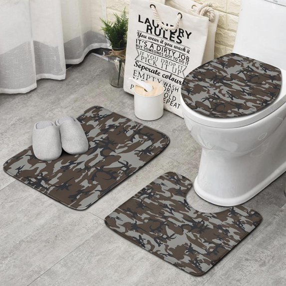 Brown Gray Camo Abstract Shapes Pattern Bathroom Rugs Sets 3 Piece,Toilet Cover Set,Absorbent Non Slip Bathroom Mats Sets with U-Shaped Contour Rug Toilet Rug Set