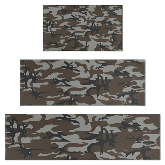 Brown Gray Camo Abstract Shapes Pattern Kitchen Rugs Sets Of 3,Kitchen Runner Rugs Non Skid Washable,Decorative Kitchen Floor Mats for Kitchen,Sink,Laundry,17"x30"+ 17"x47" + 17"x59"