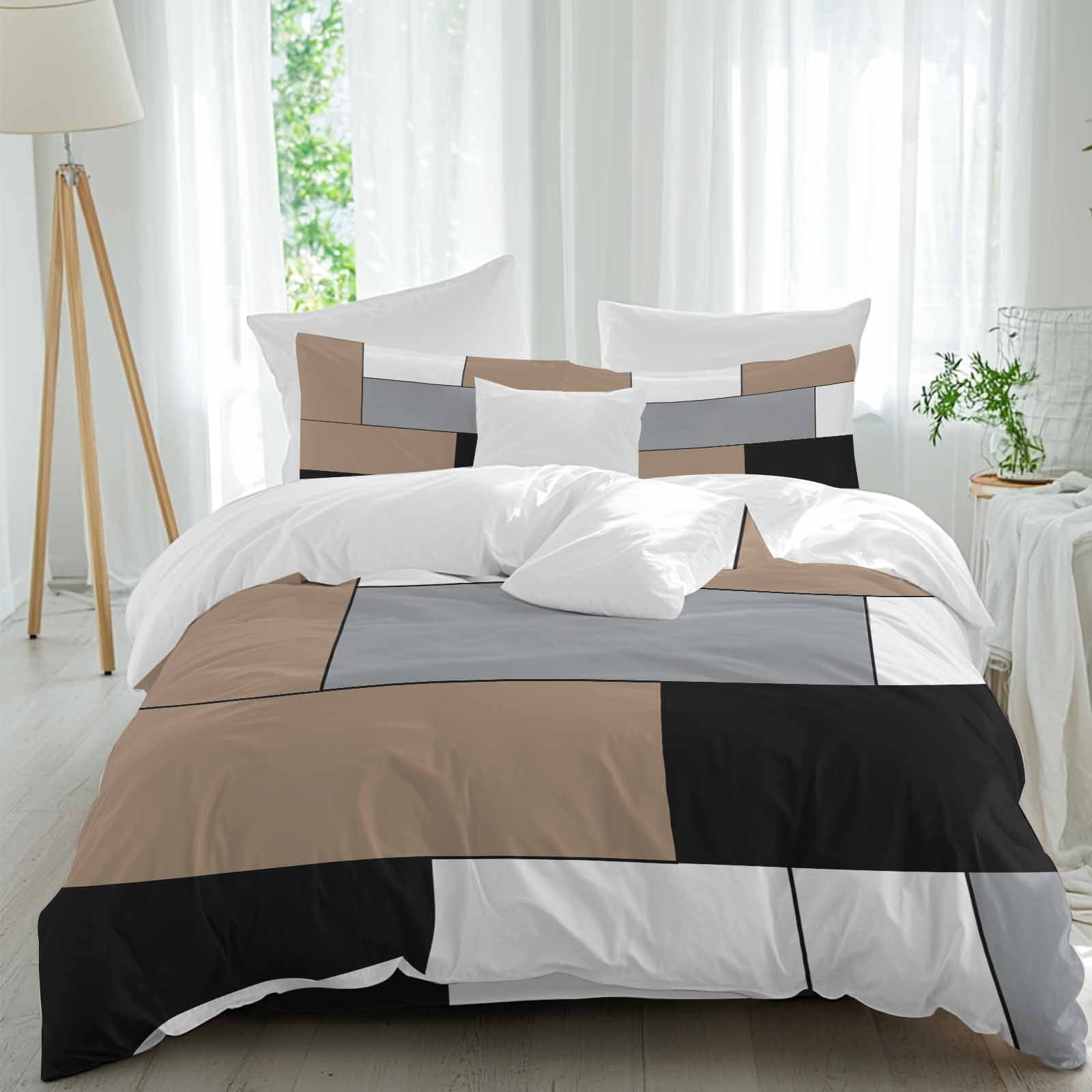 Brown Gray Full Duvet Cover Set, Abstract Color Block 4 Piece ...