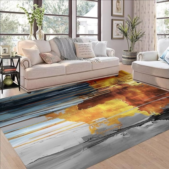 Brown Gray Gold Area Rugs, Distressed Canvas Abstract Design Carpet, Washable Non Slip Low Pile Rug for Living Room Bedroom Dining Room Decor Mat 5x8ft