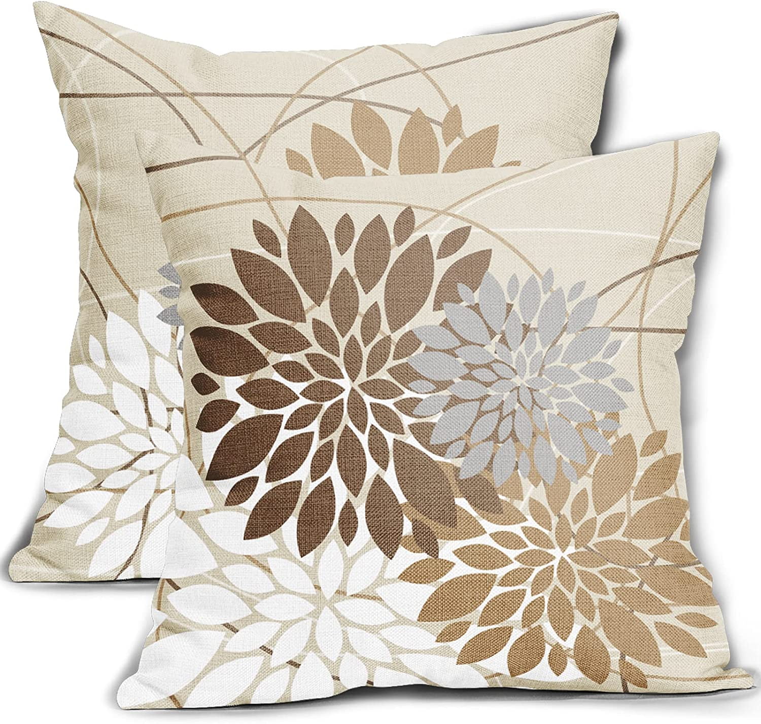 Brown Gray Grey Pillow Covers 16x16 Inch Dahlia Flower Decorative Throw Pillows Modern Geometry Floral Outdoor Farmhouse Pillowcase Linen Square Cushion Case Decor for Home Sofa Couch Bed, Set of 2
