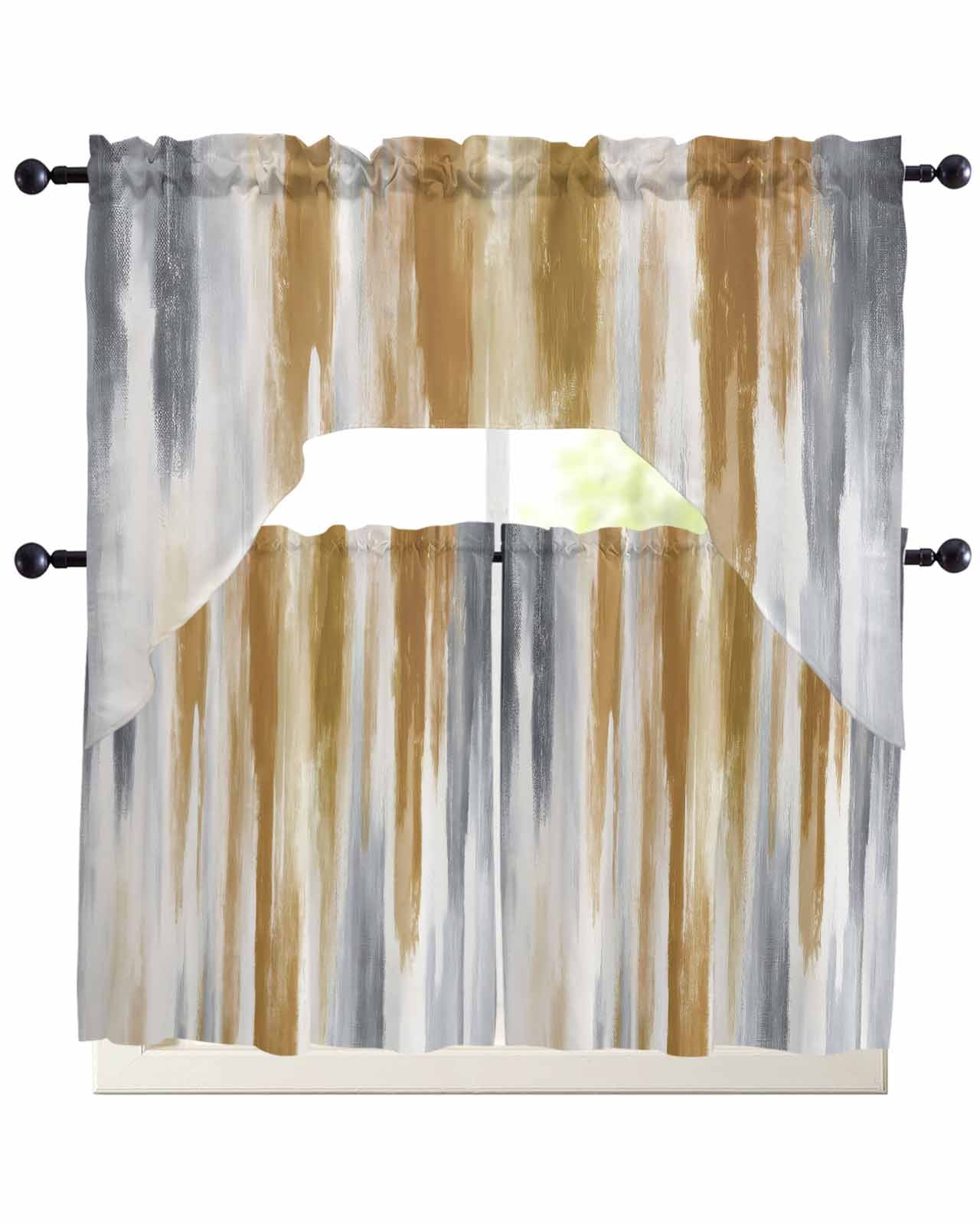 Brown Gray Kitchen Curtains Sets 24 Inch Length with Valance, Vintage ...