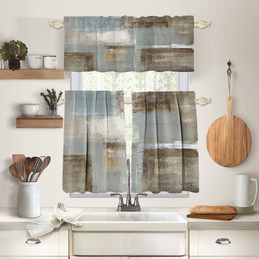 Brown Gray Kitchen Curtains and Valances Set 3 Piece for Windows Beige ...