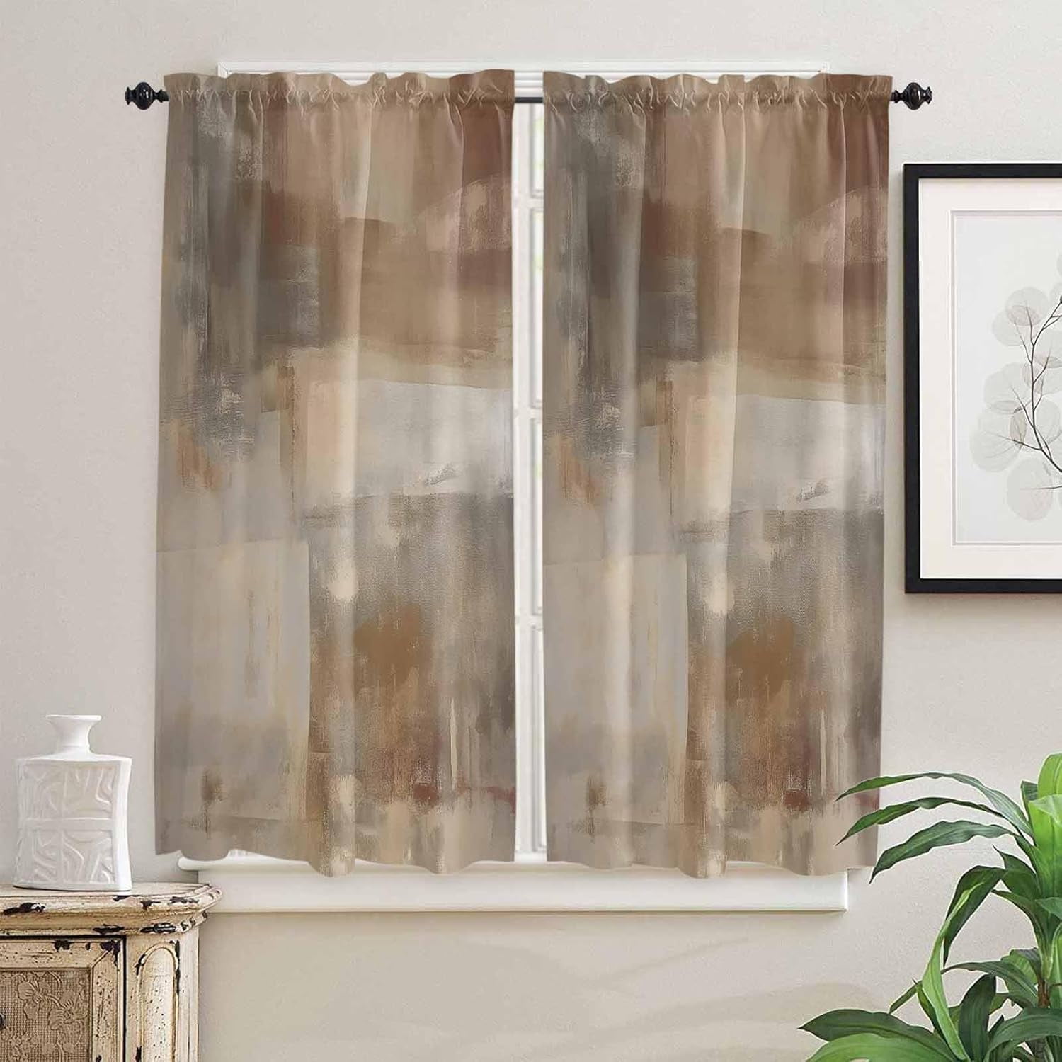 Brown Gray Ombre Window Curtains 63 Inch Length, Abstract Modern Oil ...