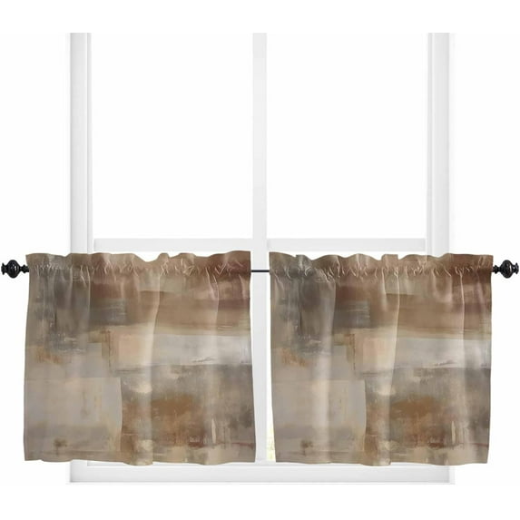 Brown Gray Ombre Window Tier Curtains 24 Inch Length, Abstract Modern Oil Painting Art Rod Pocket Window Treatment Kitchen Drapes for Bedroom, Cafe, Living Room, 2 Panels, 27.5 W x 24 L