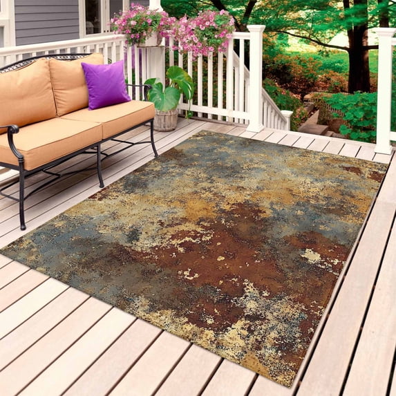 Brown Gray Outdoor Rug for Patio/Deck/Porch, Non-Slip Large Area Rug 3 x 5 Ft, Rustic Abstract Gradient Mottled Texture Indoor Outdoor Rugs Washable Area Rugs, Reversible Camping Rug Carpet Runner