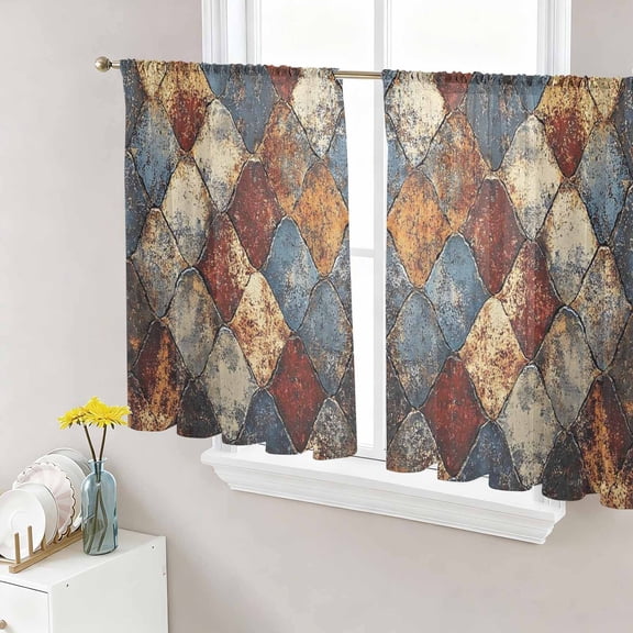 Brown Gray Plaid Semi Sheer Curtains 45 Inch Length 2 Panels Set, Country Abstract Gradient Chic Check Sheer Kitchen Curtain Privacy Voile Window Curtain for Living Room Bedroom Rod Pocket Drapes
