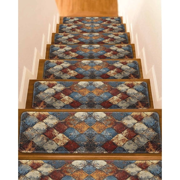 Brown Gray Plaid Stair Treads for Wooden Steps Indoor Runner Rug Carpet, Country Abstract Gradient Chic Check 4 Pieces Peel and Stick Staircase Step Treads Covers Washable Throw Door Mats, 30"x8"