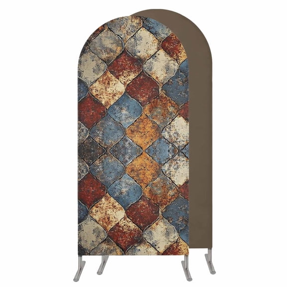 Brown Gray Plaid Wedding Arch Cover,Stretchy Spandex Arch Backdrop Stand Covers 4 FT,Country Abstract Gradient Chic Check Round Top Arched Backdrop Cover for Birthday Party Ceremony Baby Shower Event