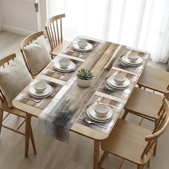 Brown and Gray Table Runner and Placemats Set of 6 Washable Linen Place Mats Rustic Abstract Art Table Decor for Kitchen Dining Coffee Outdoor Party (Brown and Gray, 13"x71"+12"x18")