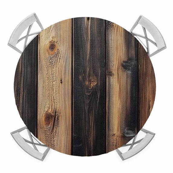 Brown Gray Wood Grain Elastic Fitted Round Table Cover Modern Art Waterproof Outdoor Tablecloth for Holiday Party, Picnic, Patio & Dining Fits Tables Up to 45"-54"