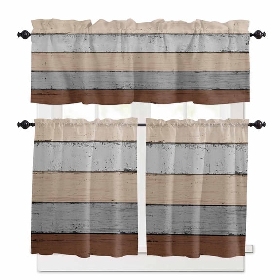 Brown Gray Wood Grain Kitchen Curtains Valances and Tiers Set of 3, Gradient Art 36 Inch Length Tier Curtains and Valance Rod Pocket Valance Curtains Set for Kitchen Bathroom Small Windows