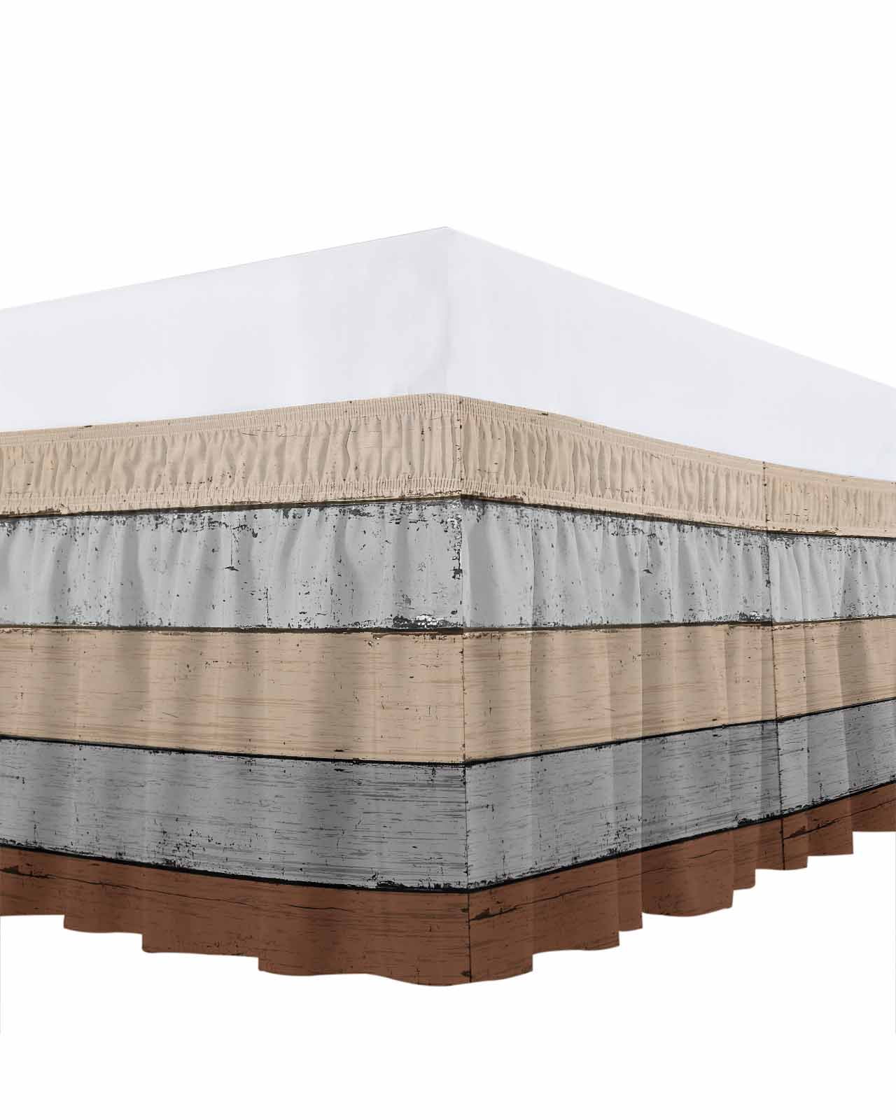 Brown Gray Wood Grain Ruffle Bed Skirt California King Size Countryside Stripe Adjustable Elastic Dust Bed Skirts Wrap Around Bedskirt Wrinkle Free Easy Fit with 18 Inch Drop