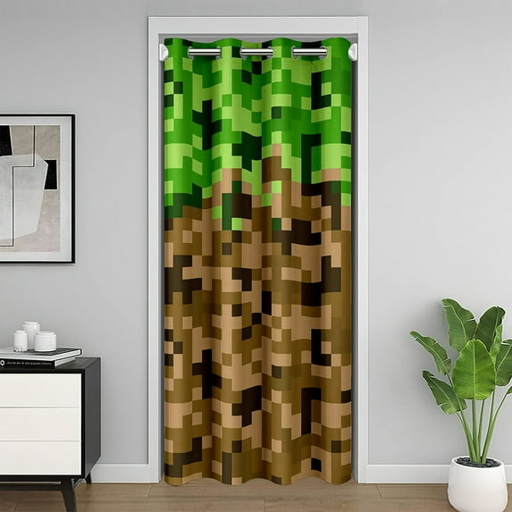Brown Green Army Camo Door Curtain 84"x52" 1 Panel,Miner Style Square Grid Doorway Curtain for Bedroom,Cartoon Gamepad Modern Closet Door Curtain
