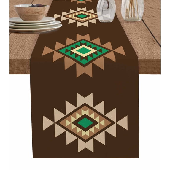 Brown Green Boho Burlap Cotton Table Runner 13x120 Inches Long, Vintage Southwest Abstract Geometric Farmhouse Table Runners, Outdoor Dining Tablecloths Decor for Baby Shower/Party/Wedding