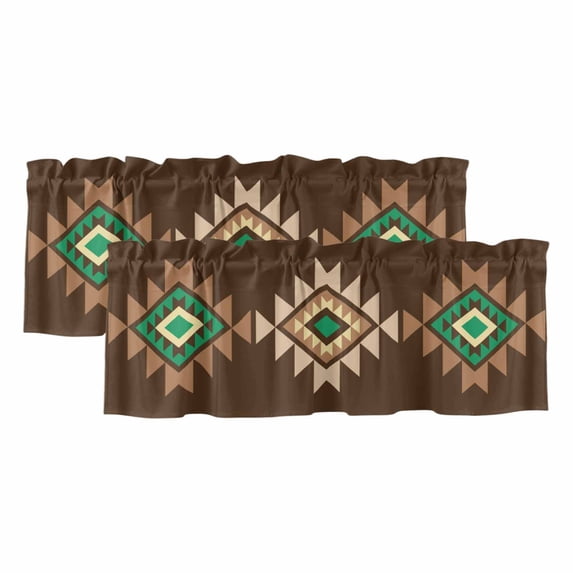 Brown Green Boho Curtain Valances for Windows, Kitchen Valance Window Treatments Panel 2 Pack, Vintage Southwest Abstract Geometric Rod Pocket Short Curtains for Bathroom Bedroom 42 x 18 Inch