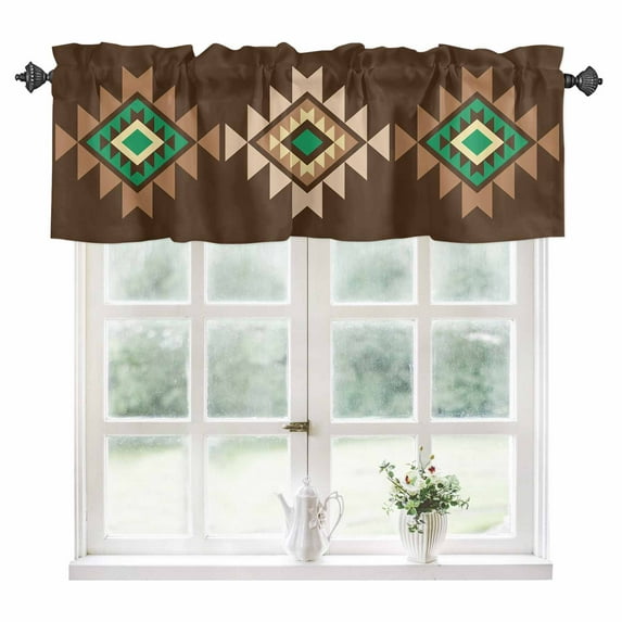 Brown Green Boho Kitchen Valances for Windows 60x18 Inch Kitchen Curtains Valances Rod Pocket Vintage Southwest Abstract Geometric Bathroom Window Valances for Window Treatment Decor