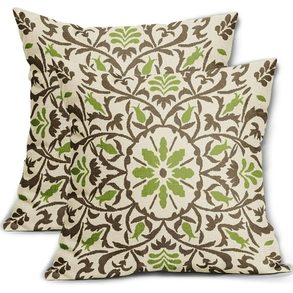 Brown Green Boho Pillow Covers 20x20 Inch Bohemian Ethnic Carpet Style Vintage Flower Print Decorative Throw Pillows Outdoor Linen Square Cushion Case Farmhouse Decor for Sofa Bed Set of 2