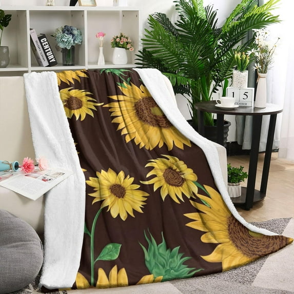 Brown Green Bud Sunflower Pattern Blanket,Comfortable Soft Lamb Wool Throw Blanket,All Season,Warm Lightweight Blankets for Sofa Bed Couch Living Room Chair,40"x50"