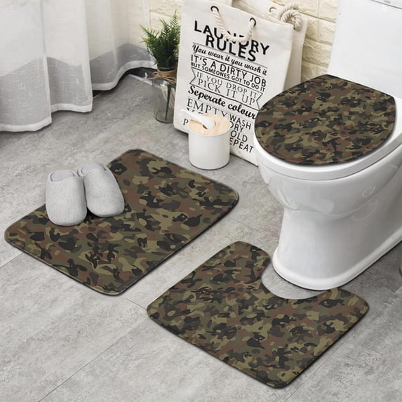Brown Green Camo Classic Pattern Bathroom Rugs Sets 3 Piece,Toilet Cover Set,Absorbent Non Slip Bathroom Mats Sets with U-Shaped Contour Rug Toilet Rug Set