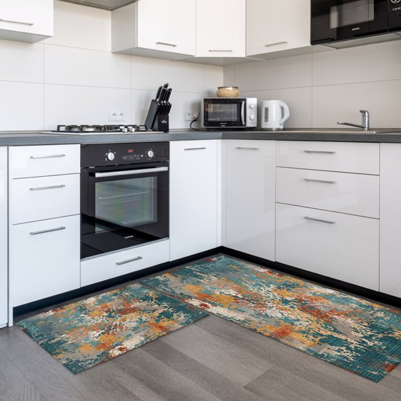 Brown Green Copper Rust 2 Pieces Non-Slip Kitchen Mat Set, Abstract Vintage Industrial Minimalist Soft Door Mat with Rubber Backing, Dirtproof Rugs for Entrance Doorway, 23.6x35.4in+23.6x70.9in