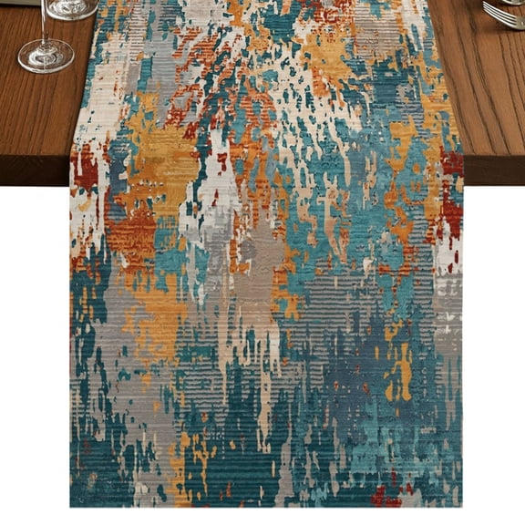 Brown Green Copper Rust Burlap Cotton Table Runner 13x108 Inches Long, Vintage Industrial Mottled Abstract Farmhouse Table Runners, Outdoor Dining Table Decor for Baby Shower/Party/Wedding
