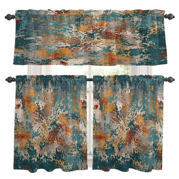 Brown Green Copper Rust Kitchen Curtains Valance and Tier Set Abstract Vintage Industrial Minimalist Rod Pocket Short Curtains for Small Window 3 Pieces Set for Bedroom (54" x 18"+27" x 24")